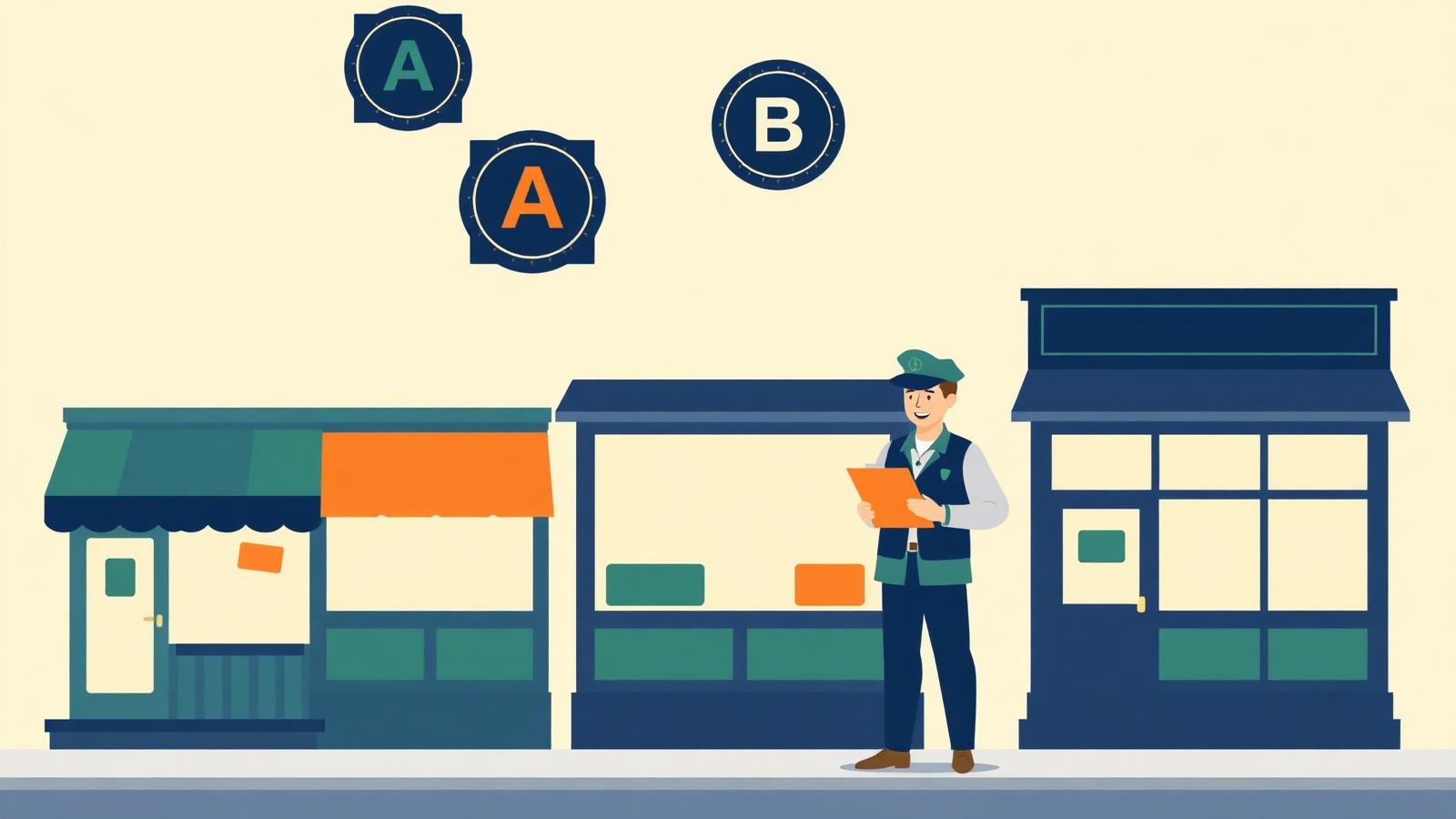 Illustration of a city health inspector reviewing food establishments with grade badges